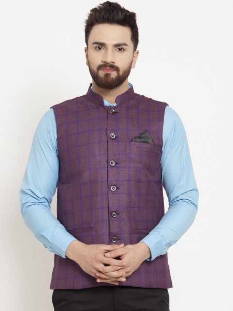 

KLOTTHE Men Purple & Brown Checked Satin Nehru Jacket