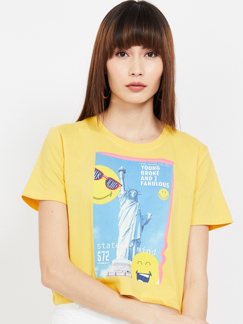 

SmileyWorld Women Yellow Printed Round Neck T-shirt