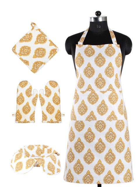 

House This Set of 5 Brown & White Printed Cotton Kitchen Linen Set