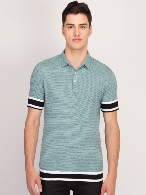 

LA LOFT Men Sea Green Striped Polo Collar T-shirt