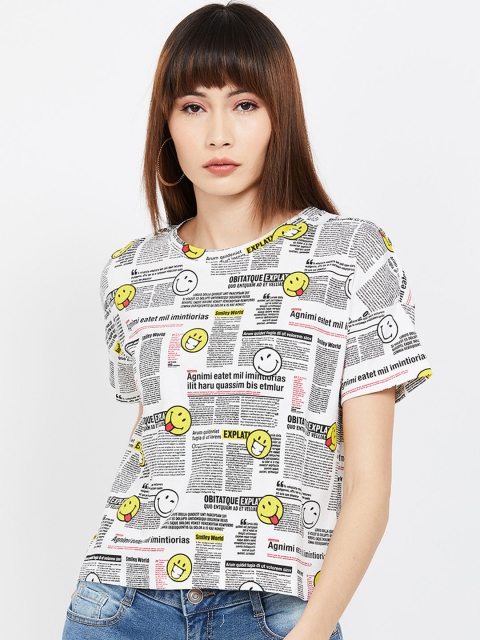 

Smiley World Women White Printed Round Neck T-shirt