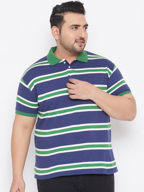 

bigbanana Plus Size Men Navy Blue Green Striped Polo Collar Bio-Finish T-shirt