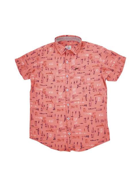 

F4B Boys Peach-Coloured Regular Fit Printed Casual Shirt