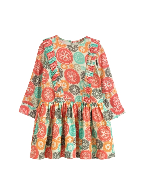 

Hugsntugs Girls Orange & Green Printed Fit and Flare Dress