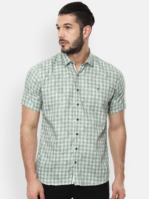 

V Dot Men Green & White Slim Fit Checked Casual Shirt