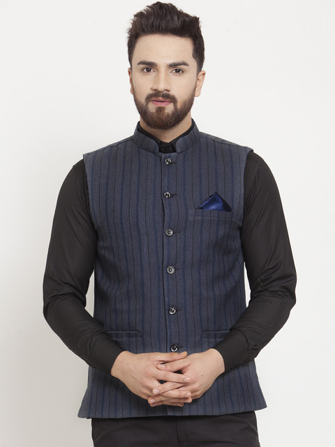 

KLOTTHE Men Grey & Navy Blue Striped Woven Nehru Jacket