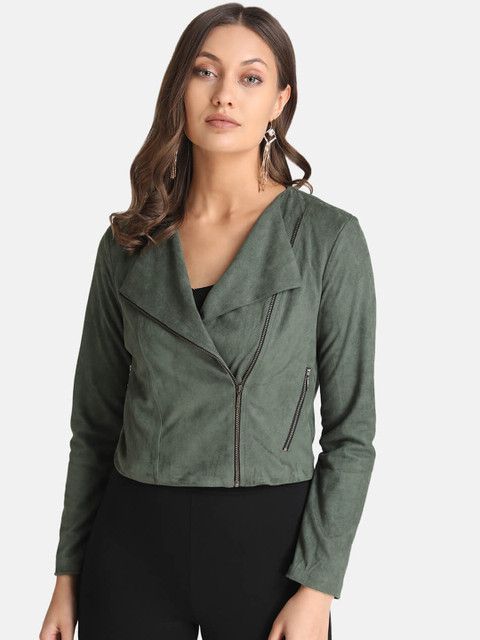 

Kazo Women Olive Green Solid Suede Biker Jacket
