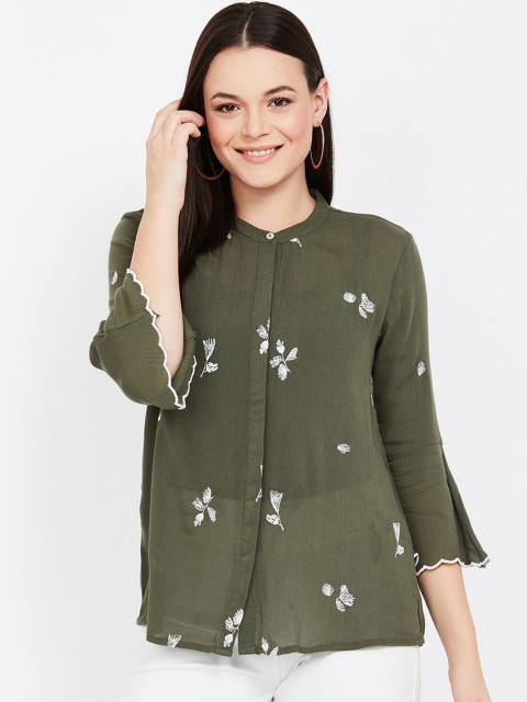 

Bossini Women Olive Green & Off-White Printed Shirt Style Top