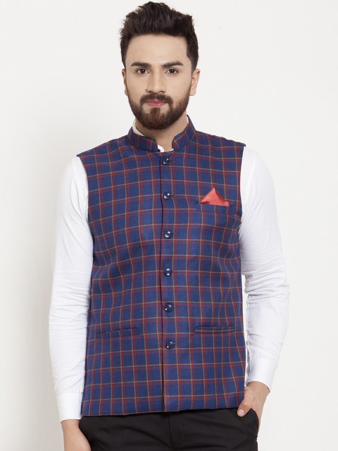 

KLOTTHE Men Blue & Brown Checked Nehru Jacket