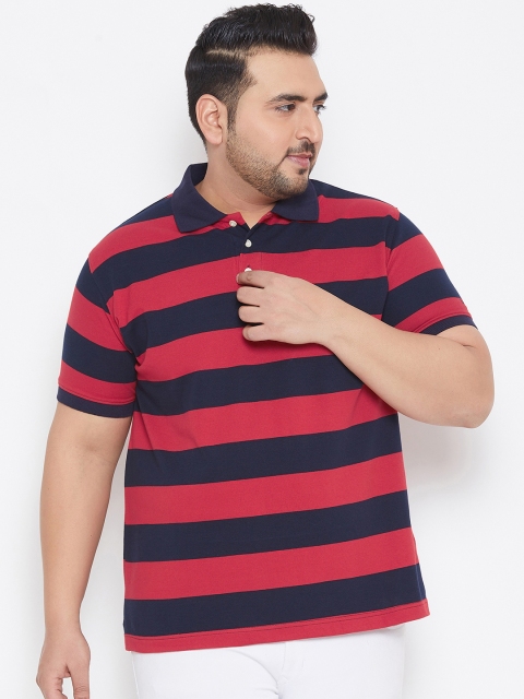 

bigbanana Plus Size Men Red Navy Blue Striped Polo Collar Bio-Finish T-shirt