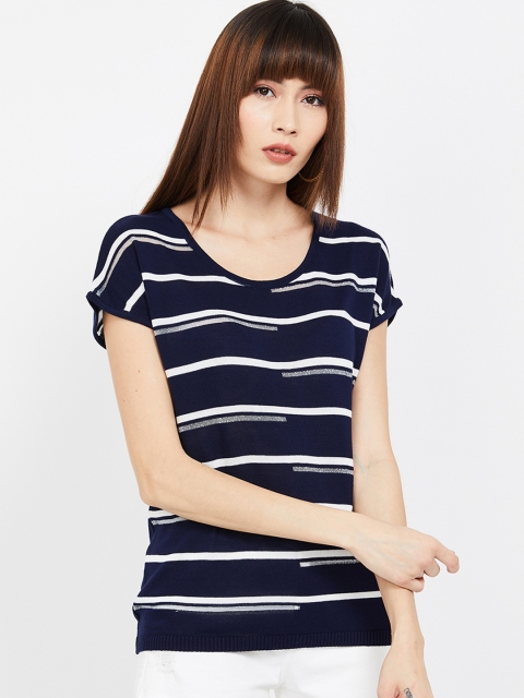 

Bossini Women Navy Blue & Grey Striped Pure Cotton Top