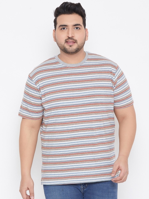 

bigbanana Plus Size Men Grey Striped Round Neck Bio Finish T-shirt