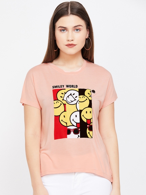 

Smiley World Women Peach-Coloured Printed Round Neck T-shirt