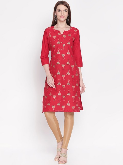 

ZRI Women Red & Gold-Toned Quirky Printed Straight Kurta