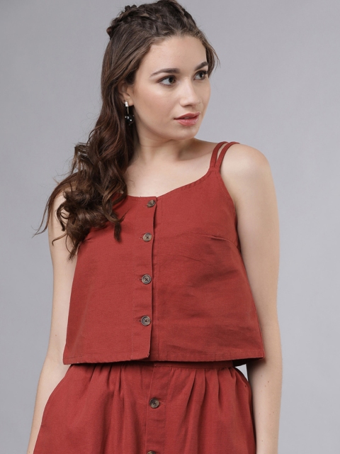 

Tokyo Talkies Women Rust Brown Solid A-Line Pure Cotton Top