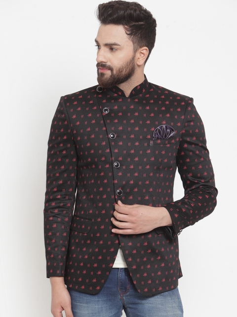 

KLOTTHE Men Black & Pink Printed Slim-Fit Single-Breasted Bandhgala Blazer