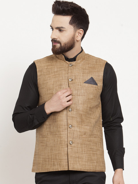 

KLOTTHE Men Beige Solid Satin Nehru Jacket