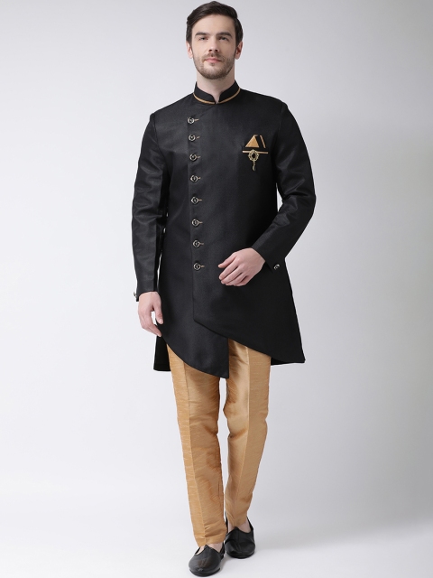 

SG RAJASAHAB Men Black & Gold-Toned Solid Silk Sherwani Set