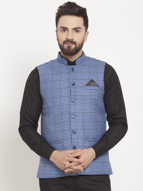 

KLOTTHE Men Blue & Black Checked Nehru Jacket