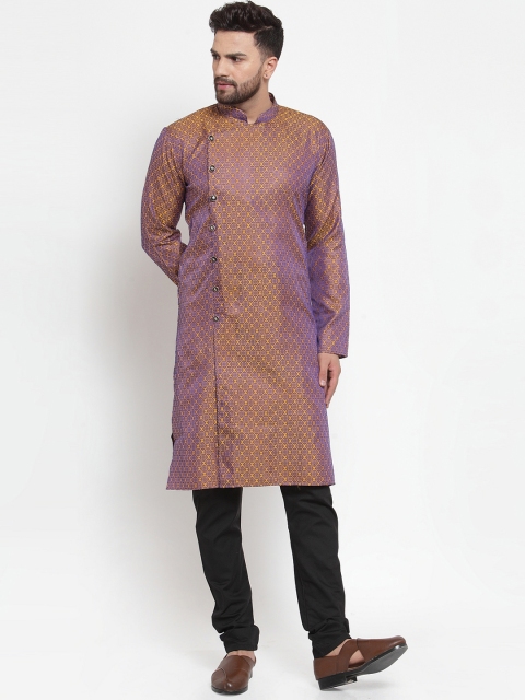 Jompers Men Gold-Toned & Purple Woven Design Kurta with Churidar