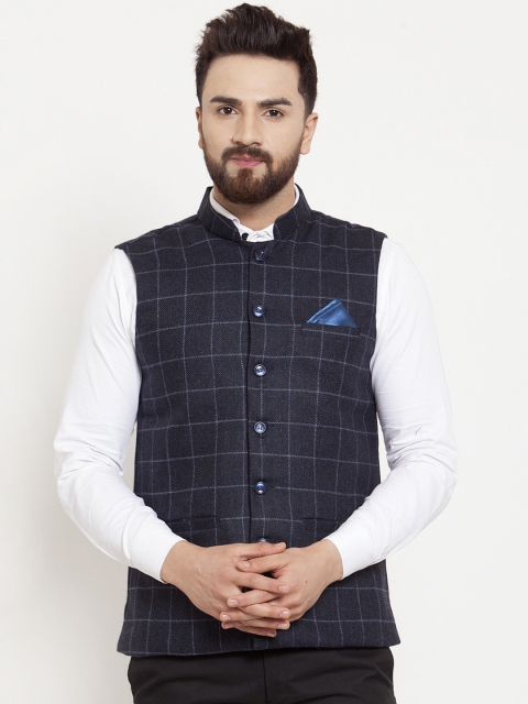 

KLOTTHE Men Navy Blue Checked Nehru Jacket with Pocket Square