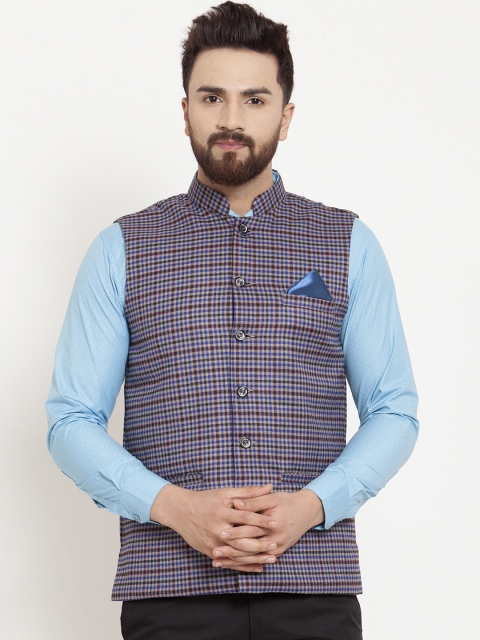 

KLOTTHE Men Blue & Brown Checked Nehru Jacket