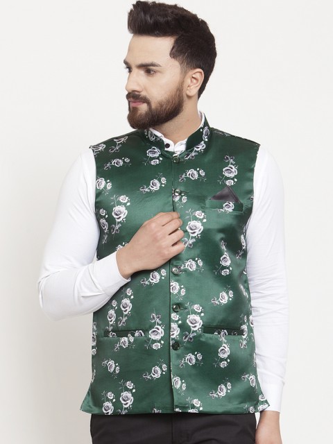 

KLOTTHE Men Green & Grey Floral Printed Nehru Jacket