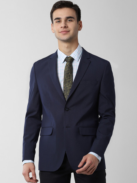 

Peter England Elite Men Navy Blue Checked Single-Breasted Blazer