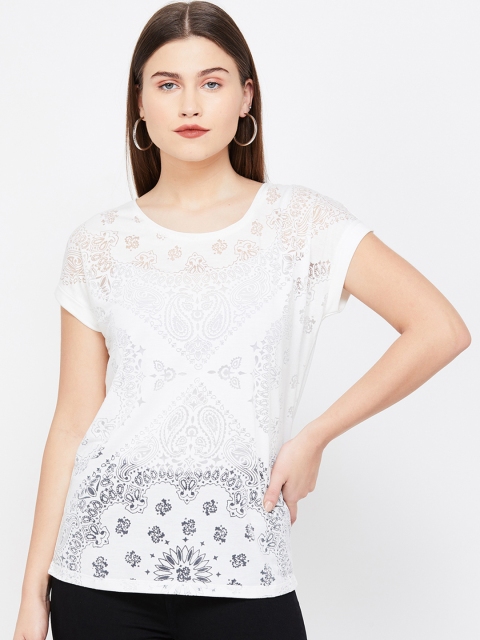 

CODE by Lifestyle Women White Semi Sheer Printed Top
