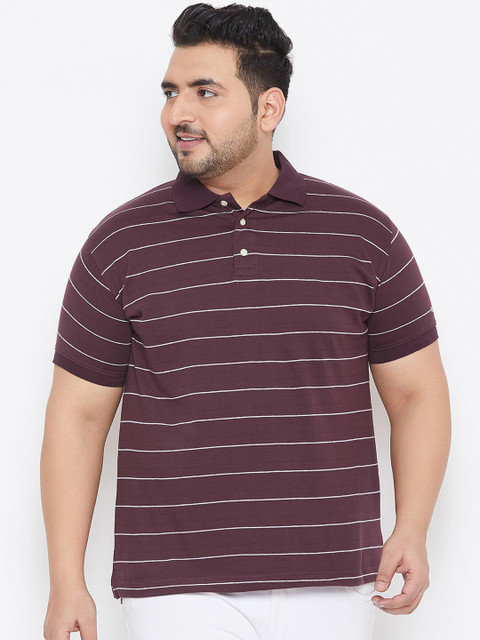

bigbanana Plus Size Men Maroon White Striped Polo Collar Bio-Finish T-shirt