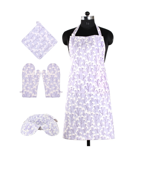 

House This Set of 5 Purple & White Printed Cotton Kitchen Linen Set