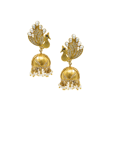 

Unniyarcha Jewellery White & Gold-Plated Silver Peacock Shaped Jhumkas