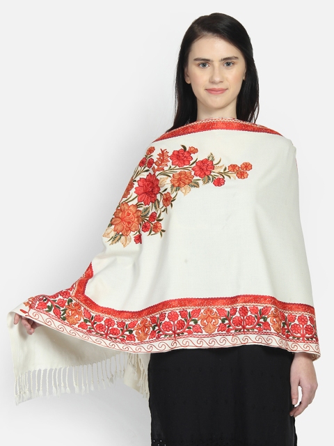 

Anekaant Women White & Orange Aari Embroidered Shawl