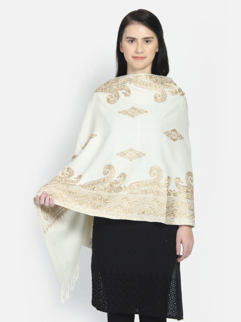 

Anekaant Women White & Gold-Coloured Embroidered Pure Woollen Shawl