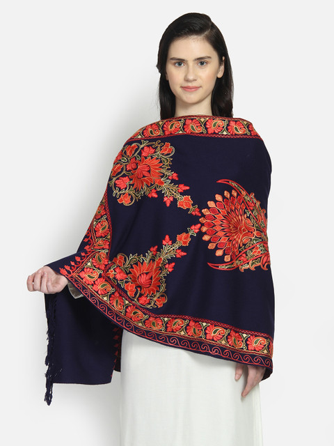 

Anekaant Women Navy Blue & Orange Floral Hand Embroidered Pure Woolen Shawl