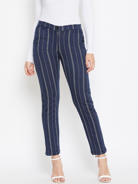 

Austin wood Women Navy Blue & White Relaxed Slim Fit Striped Regular Trousers