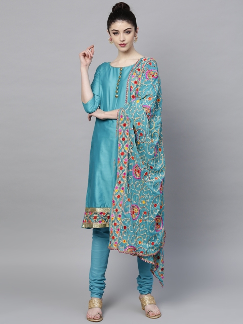 Ishin Women Blue Embroidered Kurta with Churidar & Dupatta