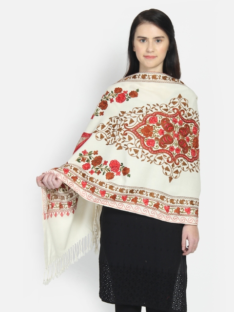 

Anekaant Women White & Red Floral Paisley Hand Embroidered Pure Woollen Shawl