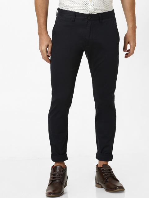 Men Navy Blue Slim Fit Solid Regular Linen Cotton Sustainable Trousers