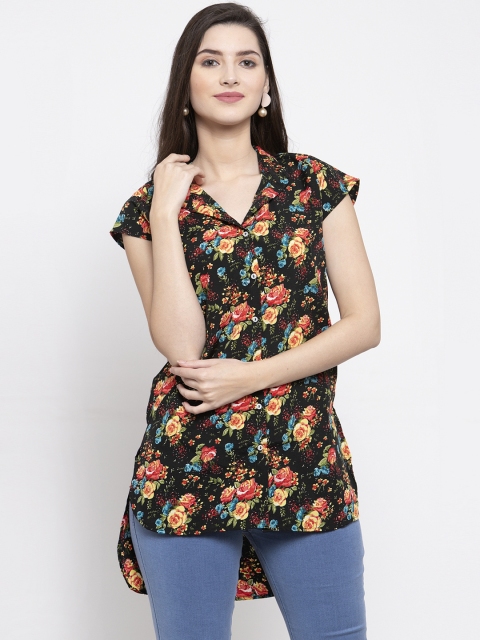 

Purple State Women Black Floral Printed High-Low Top