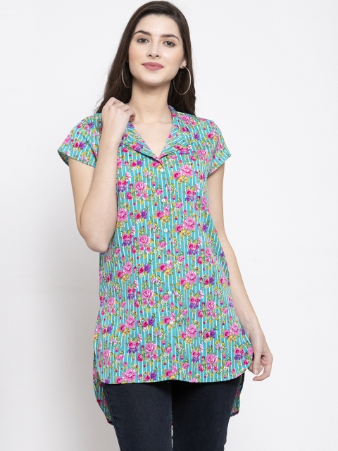 

Purple State Women Sea Green Floral Printed High-Low Top