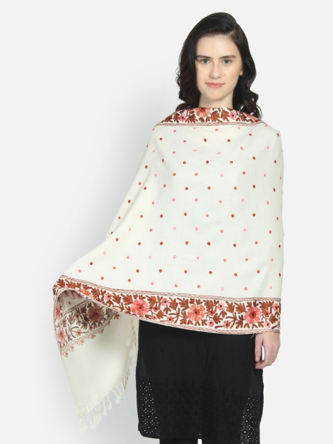 

Anekaant Women White & Maroon Pure Woollen Floral Polka Dot Hand Embroidered Shawl