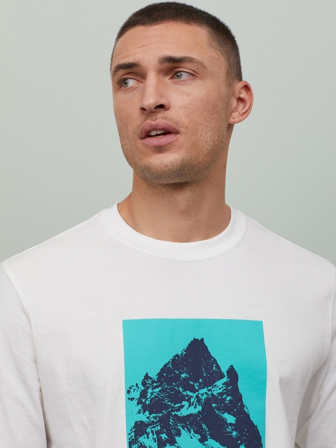 

H&M Men White & Blue Printed Jersey Top
