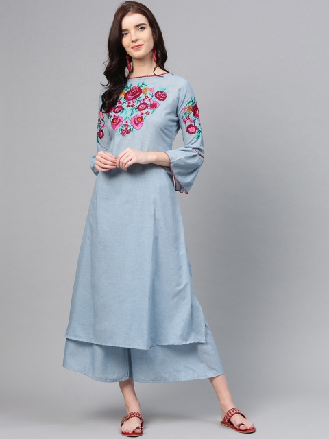 

Bhama Couture Women Blue Embroidered Kurta with Palazzos