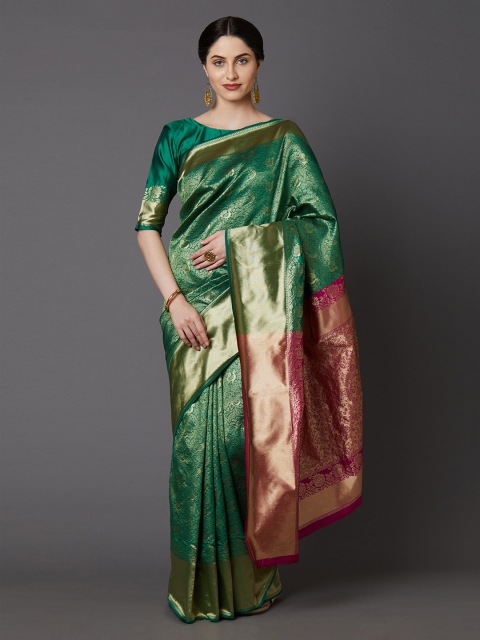 

Mitera Green & Red Silk Blend Woven Design Banarasi Saree
