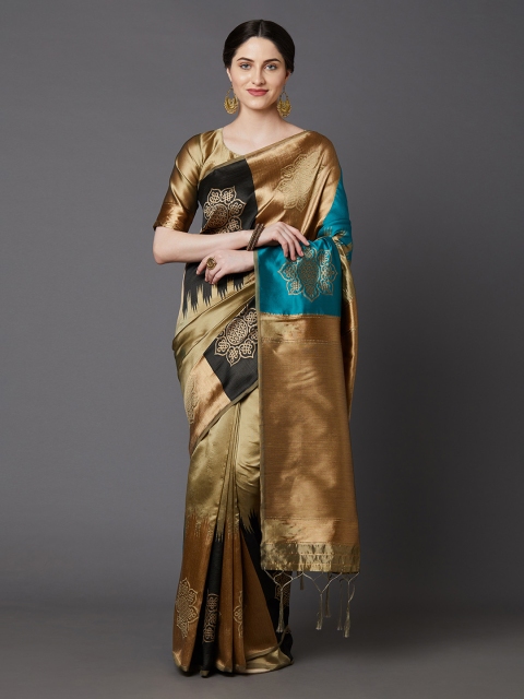 

Mitera Gold-Toned & Black Silk Blend Colourblocked Banarasi Saree