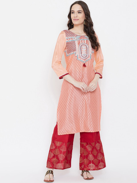 

Be Indi Women Peach-Coloured Printed Straight Kurta