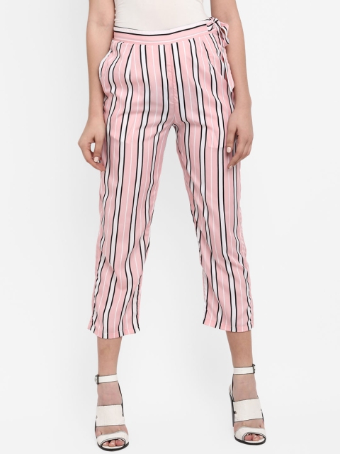 

Indietoga Women Pink & White Regular Fit Striped Peg Trousers