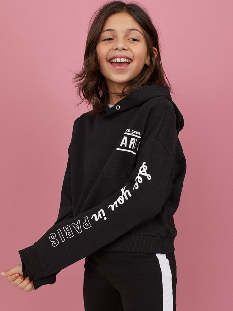 

H&M Girls Black Boxy Printed Hoodie