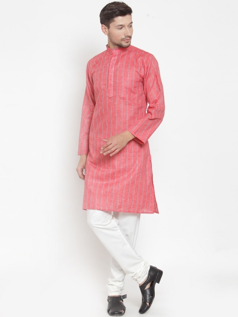 

KLOTTHE Men Coral Red Striped Straight Kurta